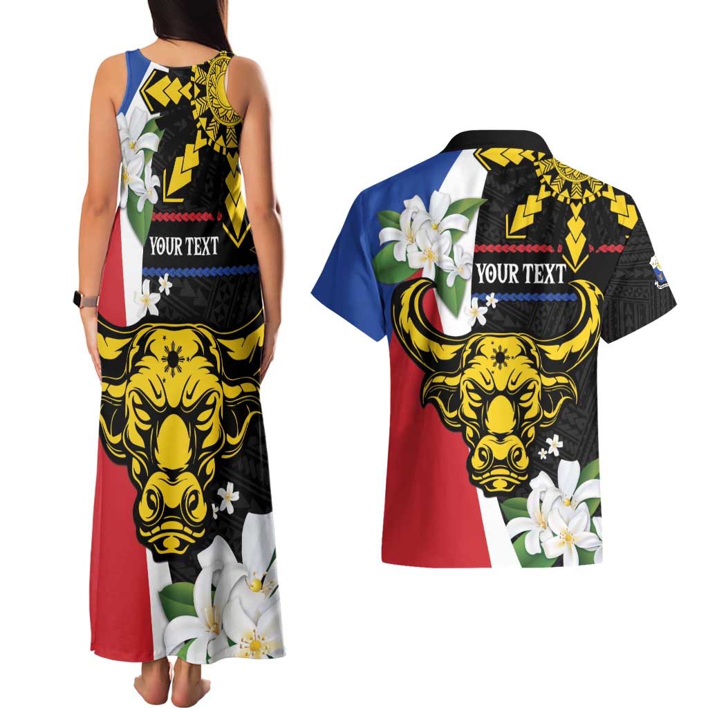 Personalised Philippines Carabao Couples Matching Tank Maxi Dress and Hawaiian Shirt Filipino Sun Mix Sampaguita Flower LT14 - Polynesian Pride