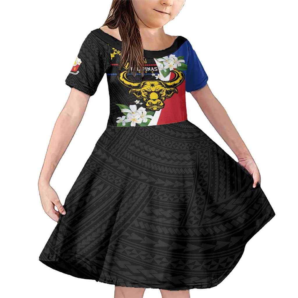 Personalised Philippines Carabao Family Matching Mermaid Dress and Hawaiian Shirt Filipino Sun Mix Sampaguita Flower LT14 Daughter's Dress Black - Polynesian Pride