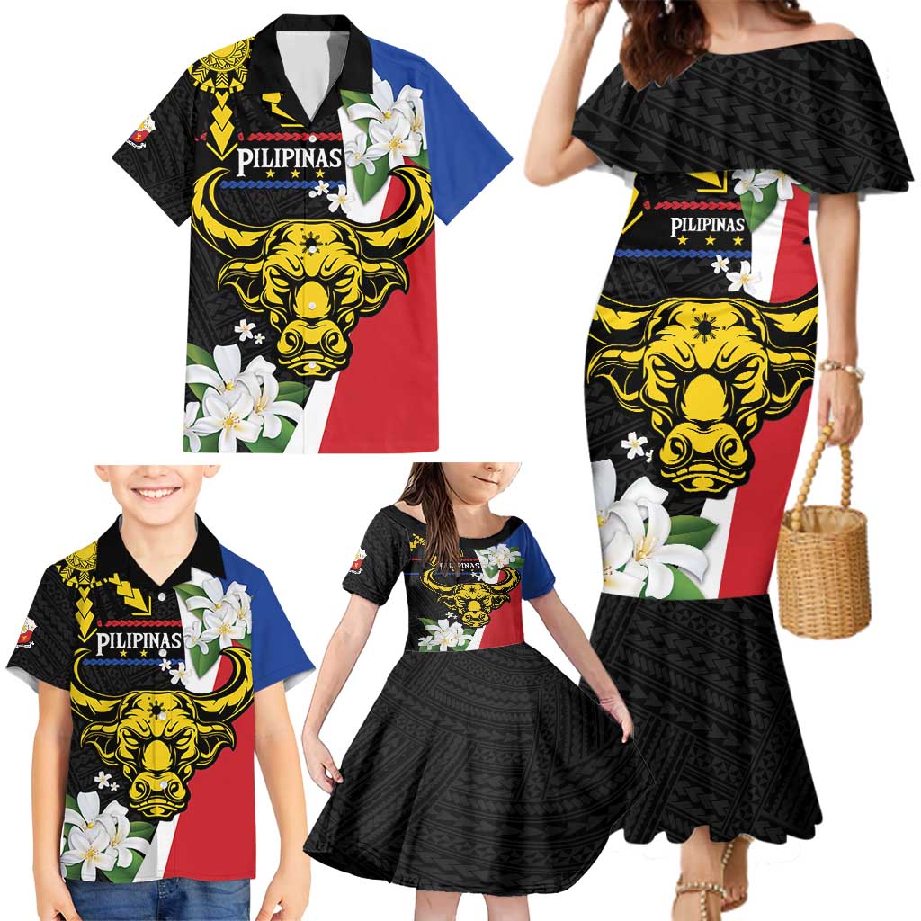 Personalised Philippines Carabao Family Matching Mermaid Dress and Hawaiian Shirt Filipino Sun Mix Sampaguita Flower LT14 - Polynesian Pride