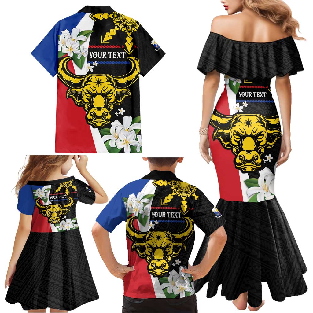 Personalised Philippines Carabao Family Matching Mermaid Dress and Hawaiian Shirt Filipino Sun Mix Sampaguita Flower LT14 - Polynesian Pride