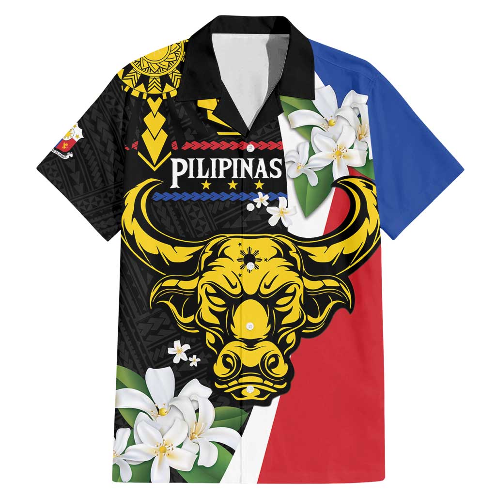 Personalised Philippines Carabao Family Matching Mermaid Dress and Hawaiian Shirt Filipino Sun Mix Sampaguita Flower LT14 Dad's Shirt - Short Sleeve Black - Polynesian Pride