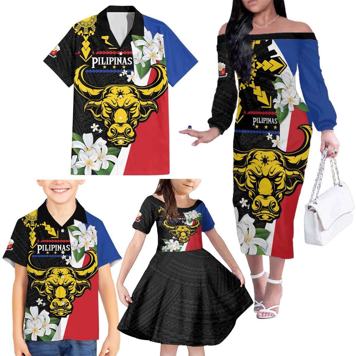 Personalised Philippines Carabao Family Matching Off The Shoulder Long Sleeve Dress and Hawaiian Shirt Filipino Sun Mix Sampaguita Flower LT14 - Polynesian Pride