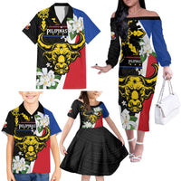 Personalised Philippines Carabao Family Matching Off The Shoulder Long Sleeve Dress and Hawaiian Shirt Filipino Sun Mix Sampaguita Flower LT14 - Polynesian Pride