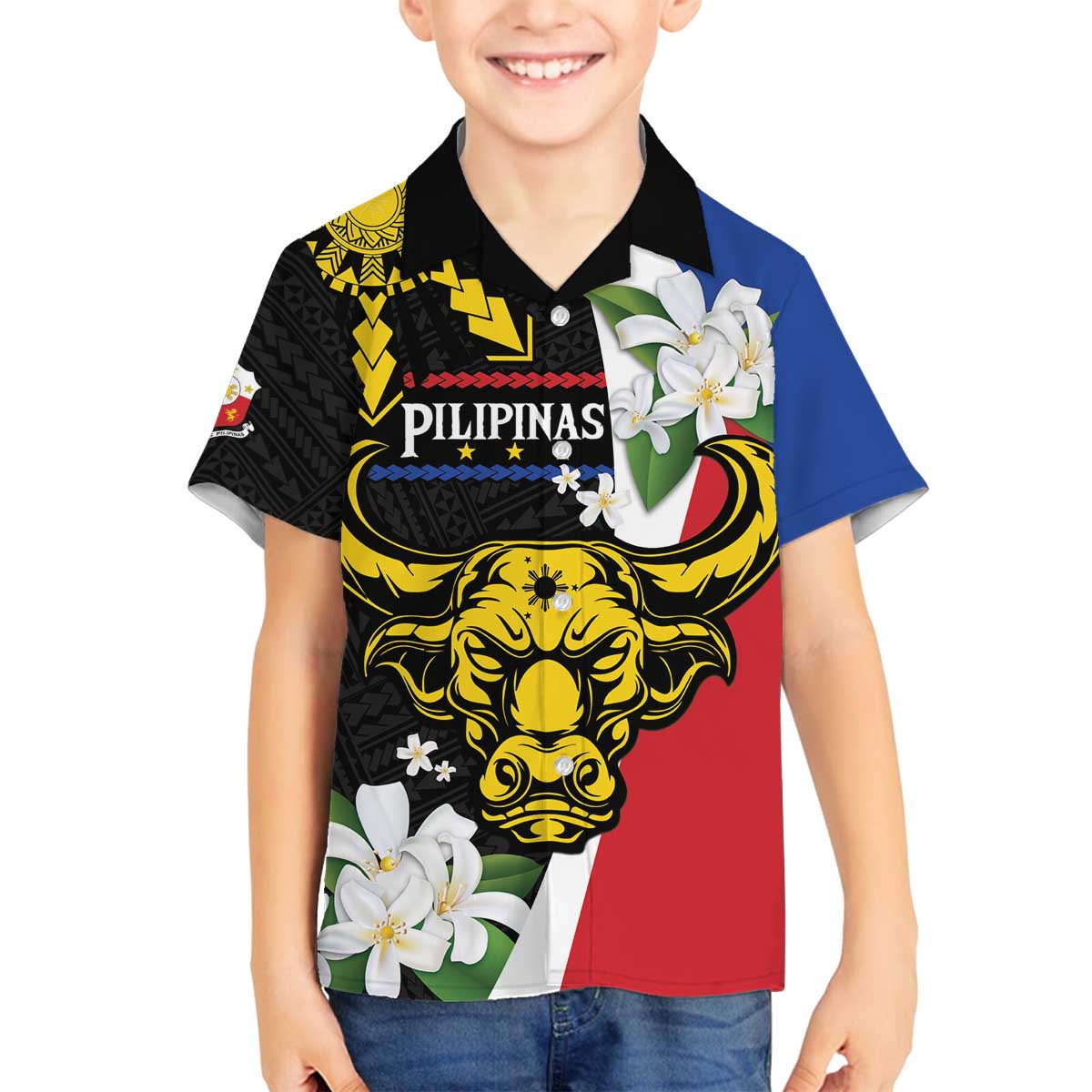 Personalised Philippines Carabao Family Matching Off The Shoulder Long Sleeve Dress and Hawaiian Shirt Filipino Sun Mix Sampaguita Flower LT14 Son's Shirt Black - Polynesian Pride