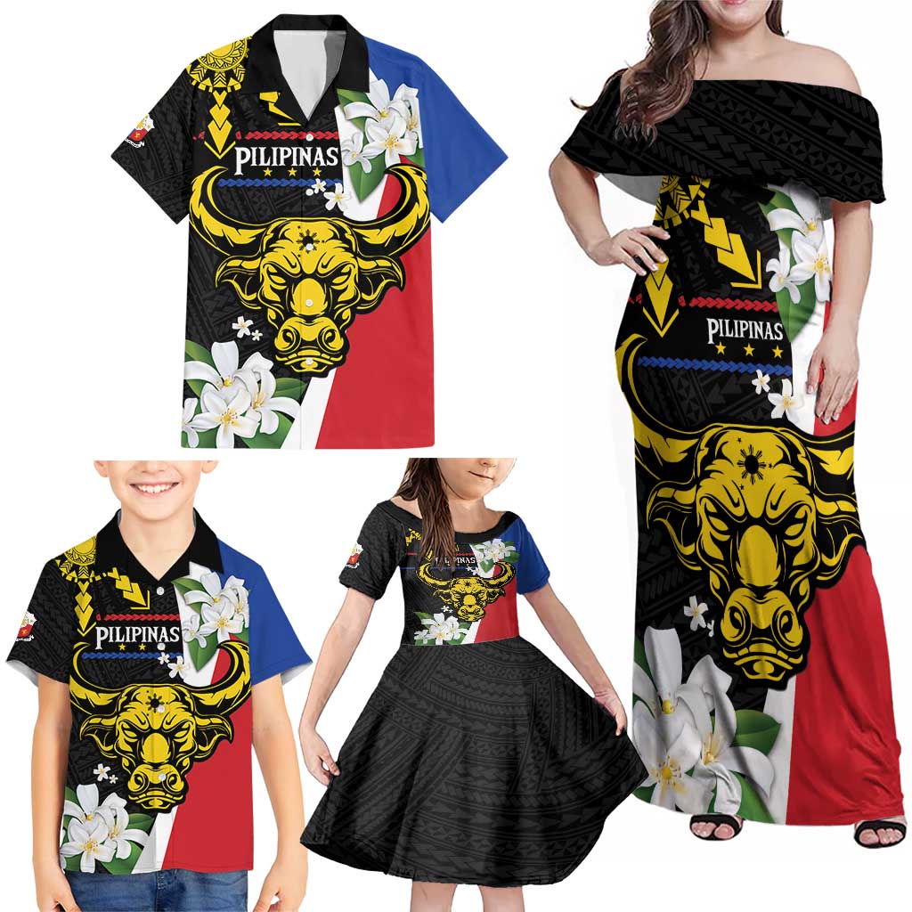 Personalised Philippines Carabao Family Matching Off Shoulder Maxi Dress and Hawaiian Shirt Filipino Sun Mix Sampaguita Flower LT14 - Polynesian Pride