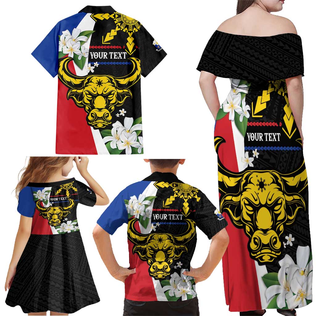 Personalised Philippines Carabao Family Matching Off Shoulder Maxi Dress and Hawaiian Shirt Filipino Sun Mix Sampaguita Flower LT14 - Polynesian Pride
