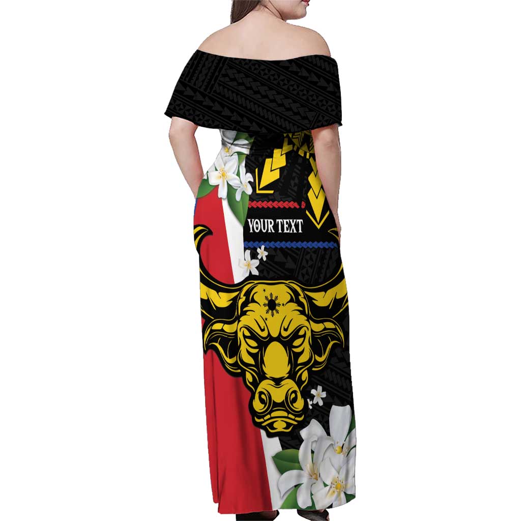 Personalised Philippines Carabao Family Matching Off Shoulder Maxi Dress and Hawaiian Shirt Filipino Sun Mix Sampaguita Flower LT14 - Polynesian Pride