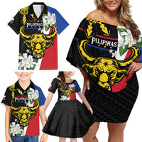 Personalised Philippines Carabao Family Matching Off Shoulder Short Dress and Hawaiian Shirt Filipino Sun Mix Sampaguita Flower LT14 - Polynesian Pride
