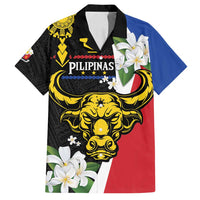 Personalised Philippines Carabao Family Matching Off Shoulder Short Dress and Hawaiian Shirt Filipino Sun Mix Sampaguita Flower LT14 Dad's Shirt - Short Sleeve Black - Polynesian Pride