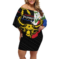 Personalised Philippines Carabao Family Matching Off Shoulder Short Dress and Hawaiian Shirt Filipino Sun Mix Sampaguita Flower LT14 Mom's Dress Black - Polynesian Pride