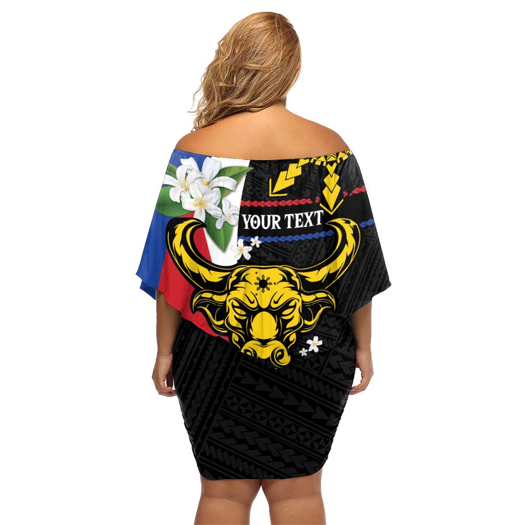 Personalised Philippines Carabao Family Matching Off Shoulder Short Dress and Hawaiian Shirt Filipino Sun Mix Sampaguita Flower LT14 - Polynesian Pride