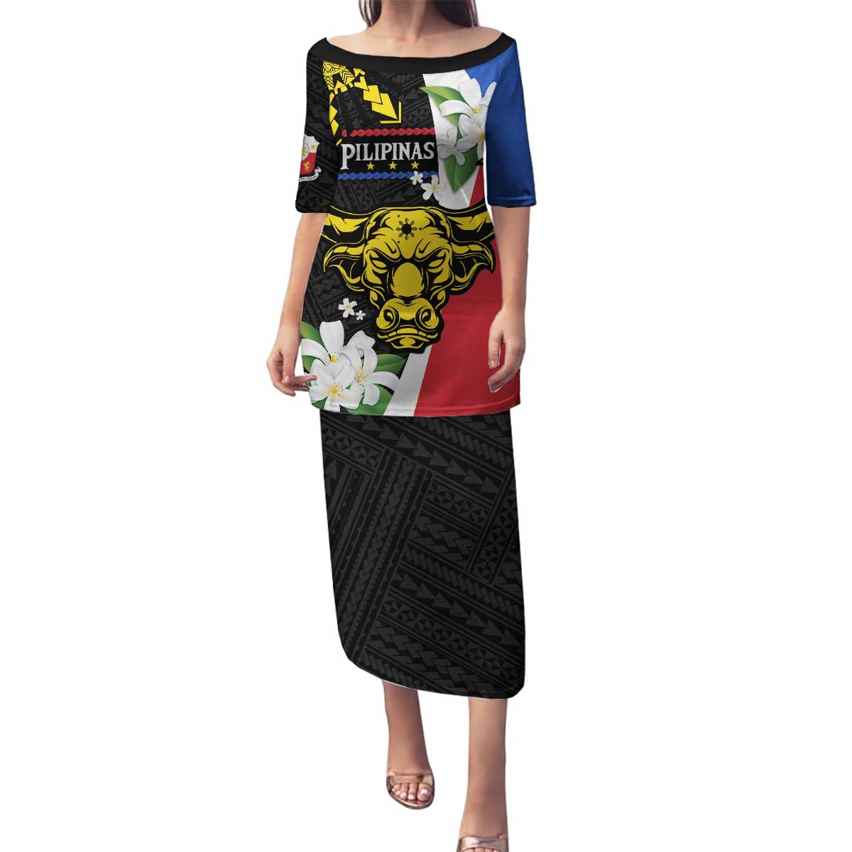 Personalised Philippines Carabao Family Matching Puletasi and Hawaiian Shirt Filipino Sun Mix Sampaguita Flower LT14 Mom's Dress Black - Polynesian Pride
