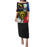 Personalised Philippines Carabao Family Matching Puletasi and Hawaiian Shirt Filipino Sun Mix Sampaguita Flower LT14 Mom's Dress Black - Polynesian Pride