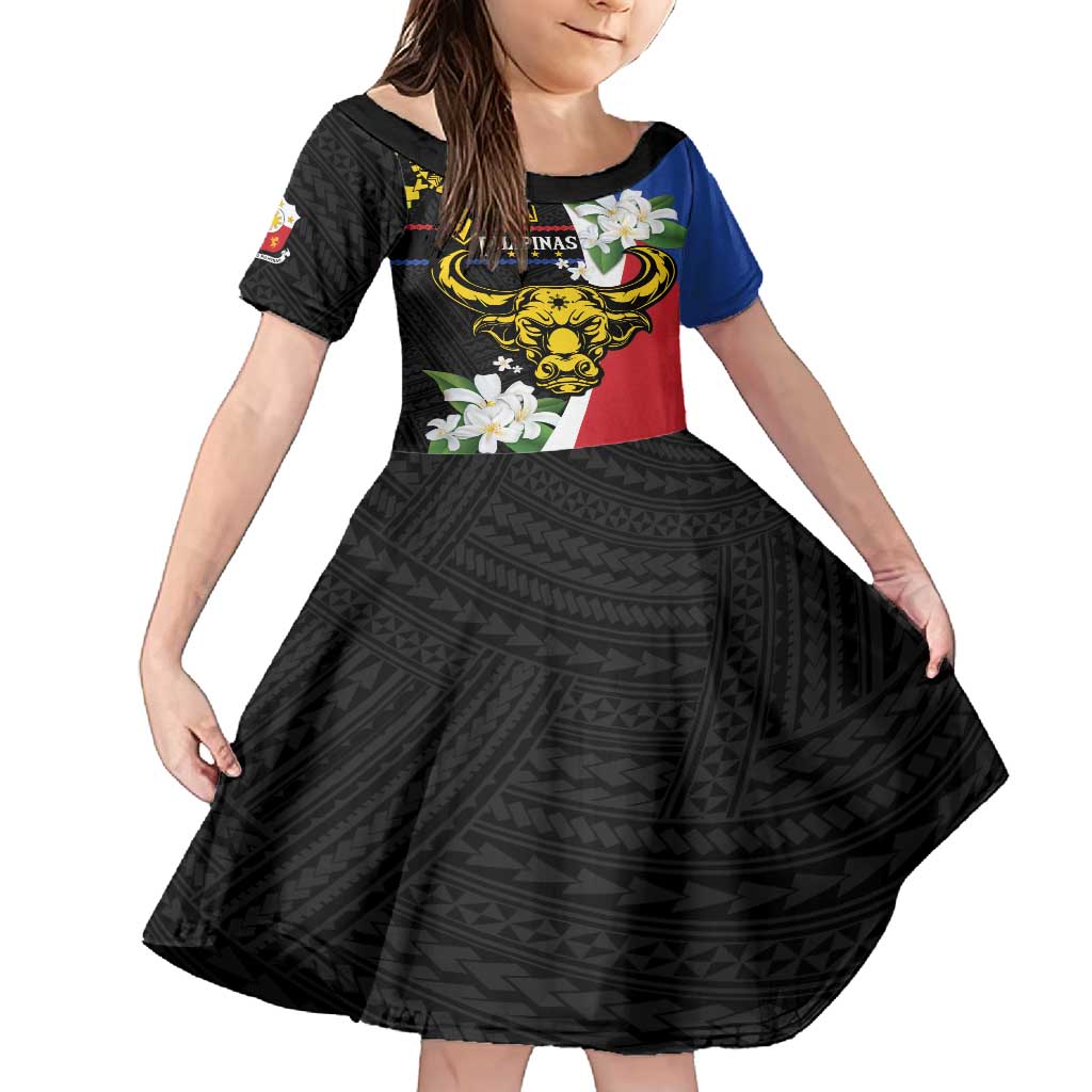 Personalised Philippines Carabao Family Matching Summer Maxi Dress and Hawaiian Shirt Filipino Sun Mix Sampaguita Flower LT14 Daughter's Dress Black - Polynesian Pride