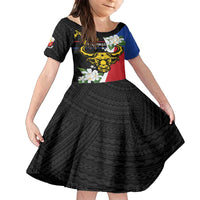 Personalised Philippines Carabao Family Matching Tank Maxi Dress and Hawaiian Shirt Filipino Sun Mix Sampaguita Flower LT14 Daughter's Dress Black - Polynesian Pride