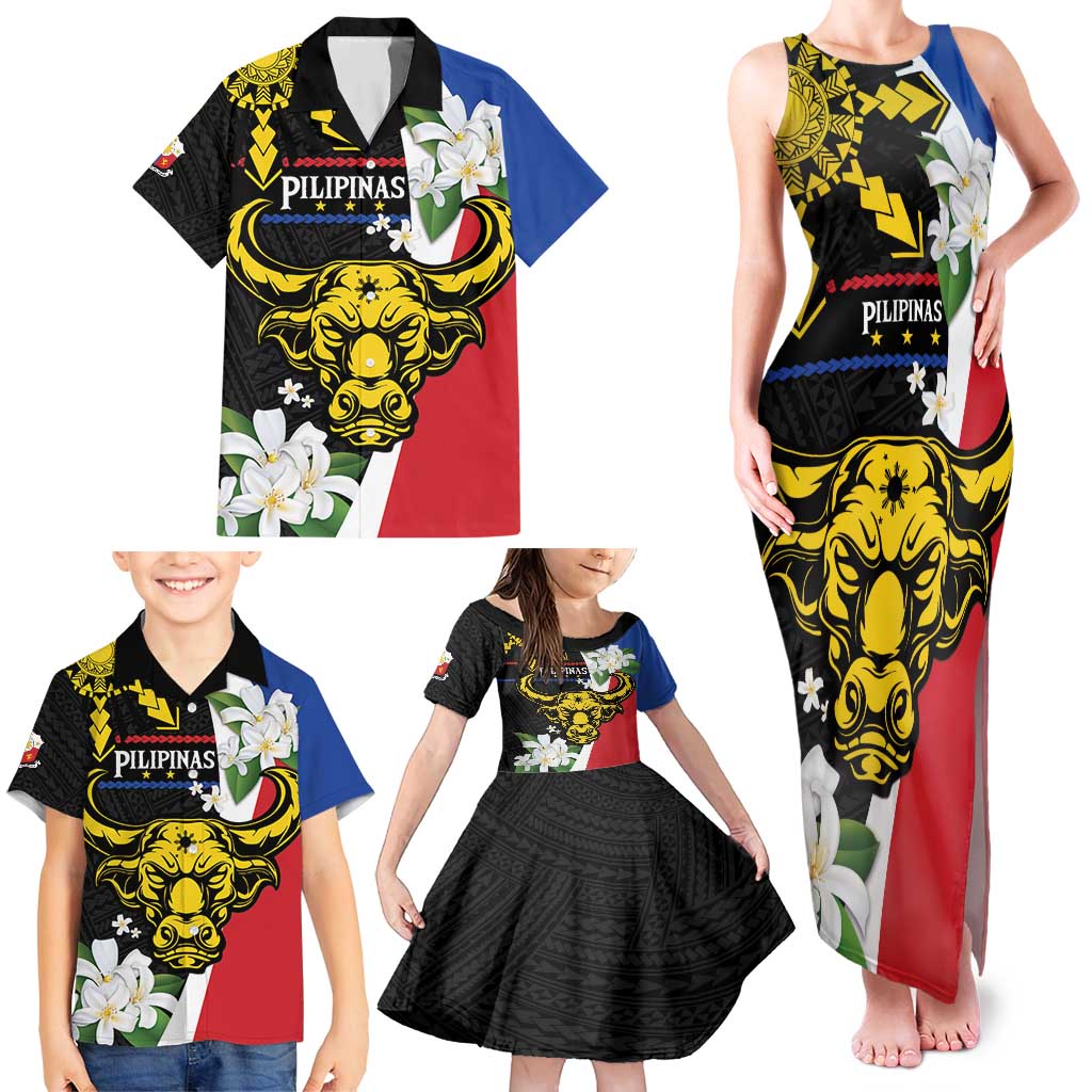 Personalised Philippines Carabao Family Matching Tank Maxi Dress and Hawaiian Shirt Filipino Sun Mix Sampaguita Flower LT14 - Polynesian Pride