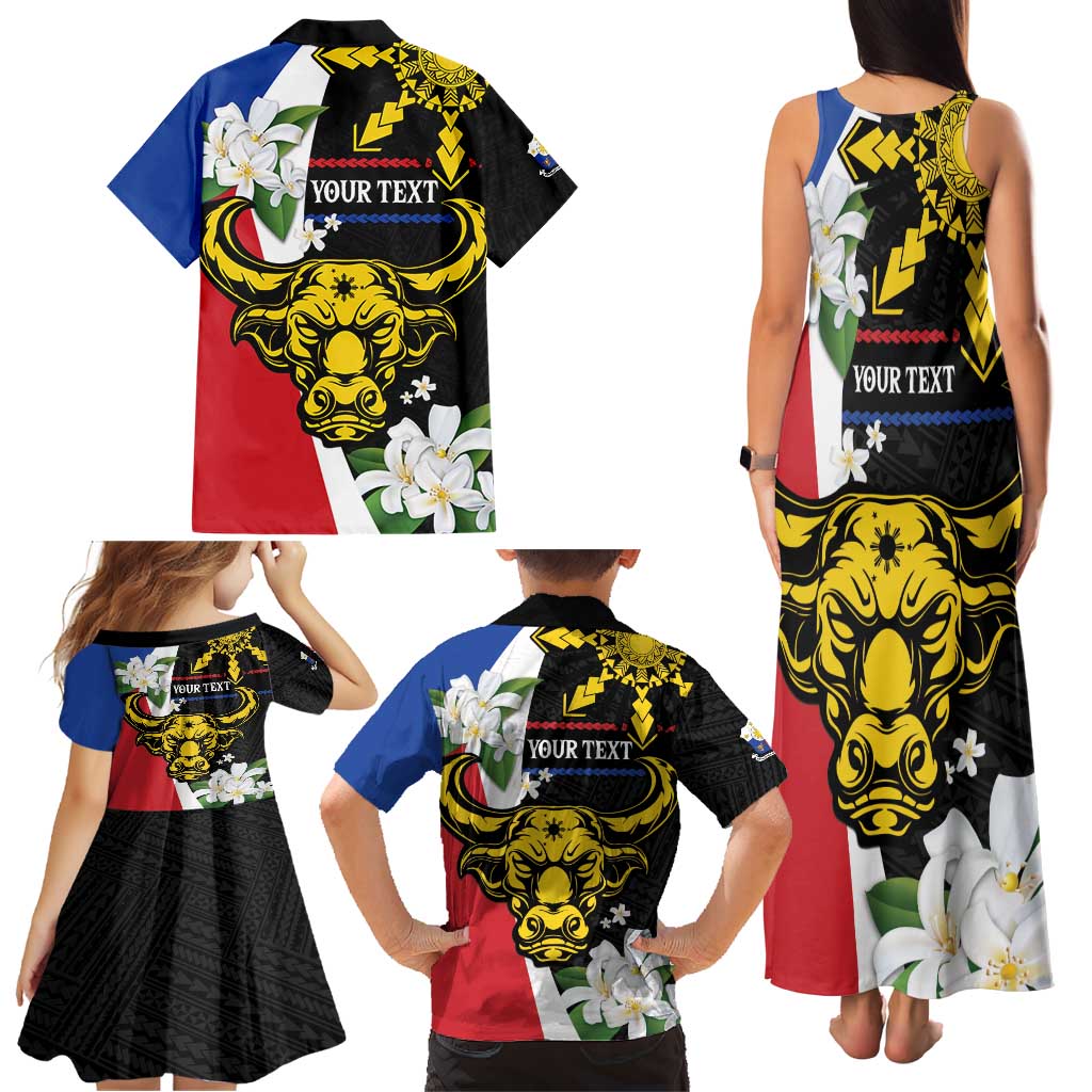 Personalised Philippines Carabao Family Matching Tank Maxi Dress and Hawaiian Shirt Filipino Sun Mix Sampaguita Flower LT14 - Polynesian Pride