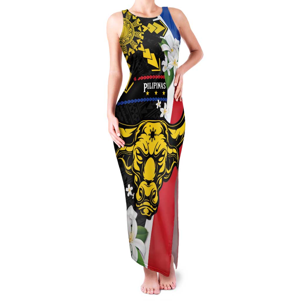 Personalised Philippines Carabao Family Matching Tank Maxi Dress and Hawaiian Shirt Filipino Sun Mix Sampaguita Flower LT14 Mom's Dress Black - Polynesian Pride