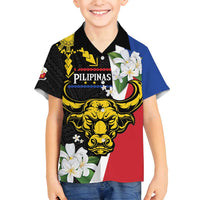 Personalised Philippines Carabao Family Matching Tank Maxi Dress and Hawaiian Shirt Filipino Sun Mix Sampaguita Flower LT14 Son's Shirt Black - Polynesian Pride