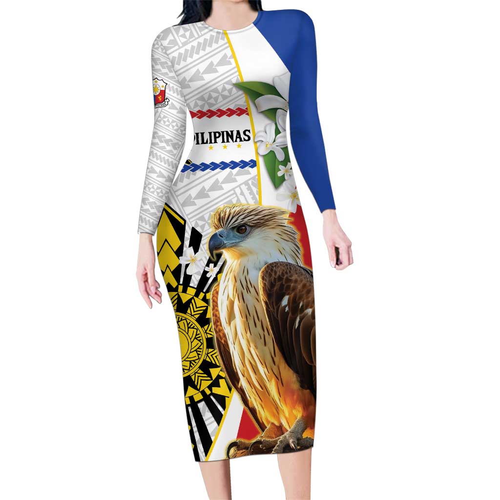 Personalised Philippines Eagle Family Matching Long Sleeve Bodycon Dress and Hawaiian Shirt Filipino Sun Mix Sampaguita Flower LT14 Mom's Dress White - Polynesian Pride