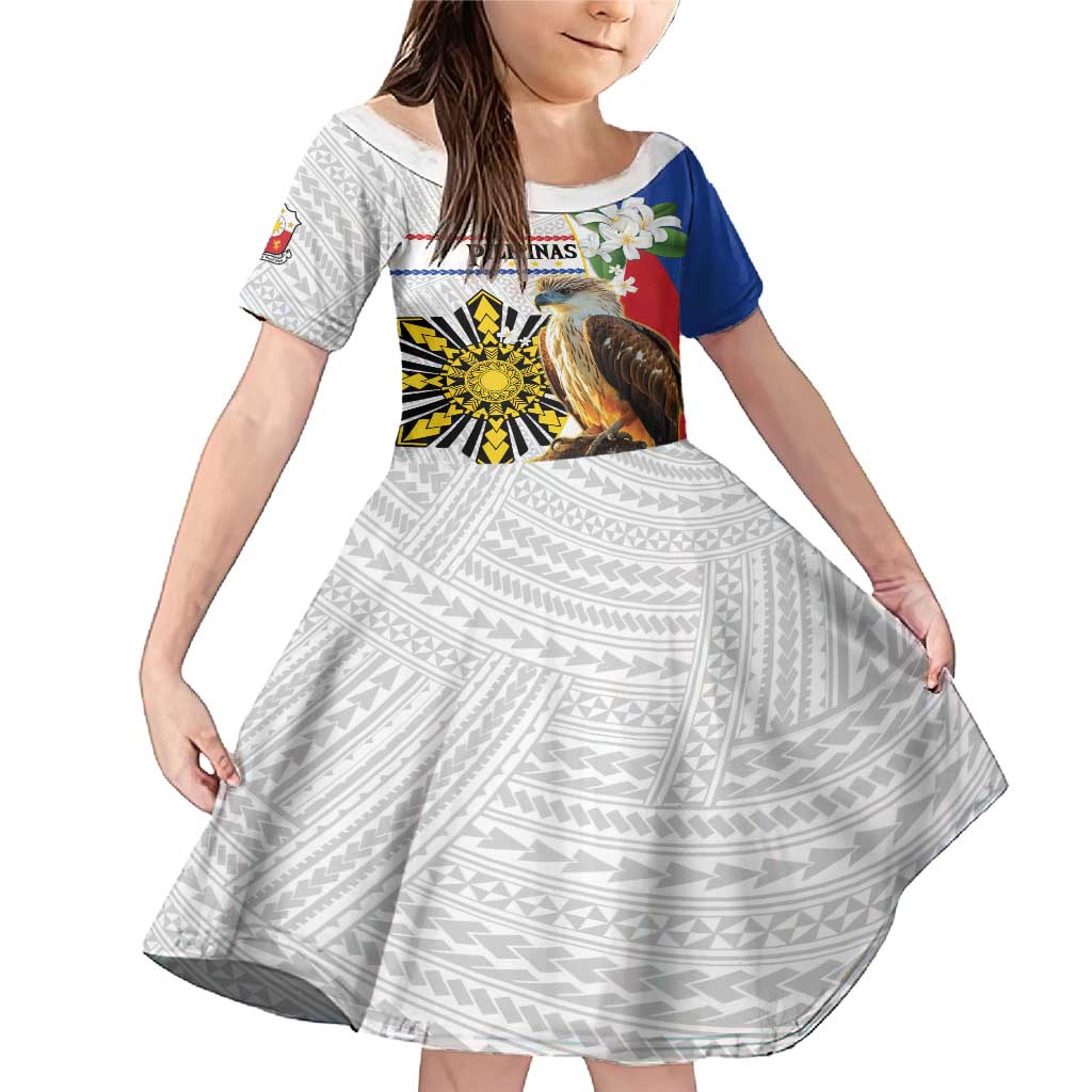 Personalised Philippines Eagle Family Matching Mermaid Dress and Hawaiian Shirt Filipino Sun Mix Sampaguita Flower LT14 Daughter's Dress White - Polynesian Pride