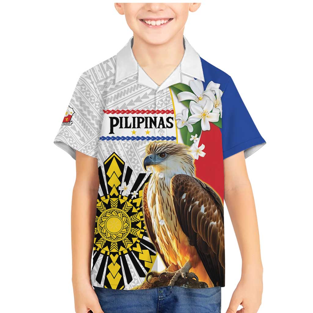 Personalised Philippines Eagle Family Matching Mermaid Dress and Hawaiian Shirt Filipino Sun Mix Sampaguita Flower LT14 Son's Shirt White - Polynesian Pride