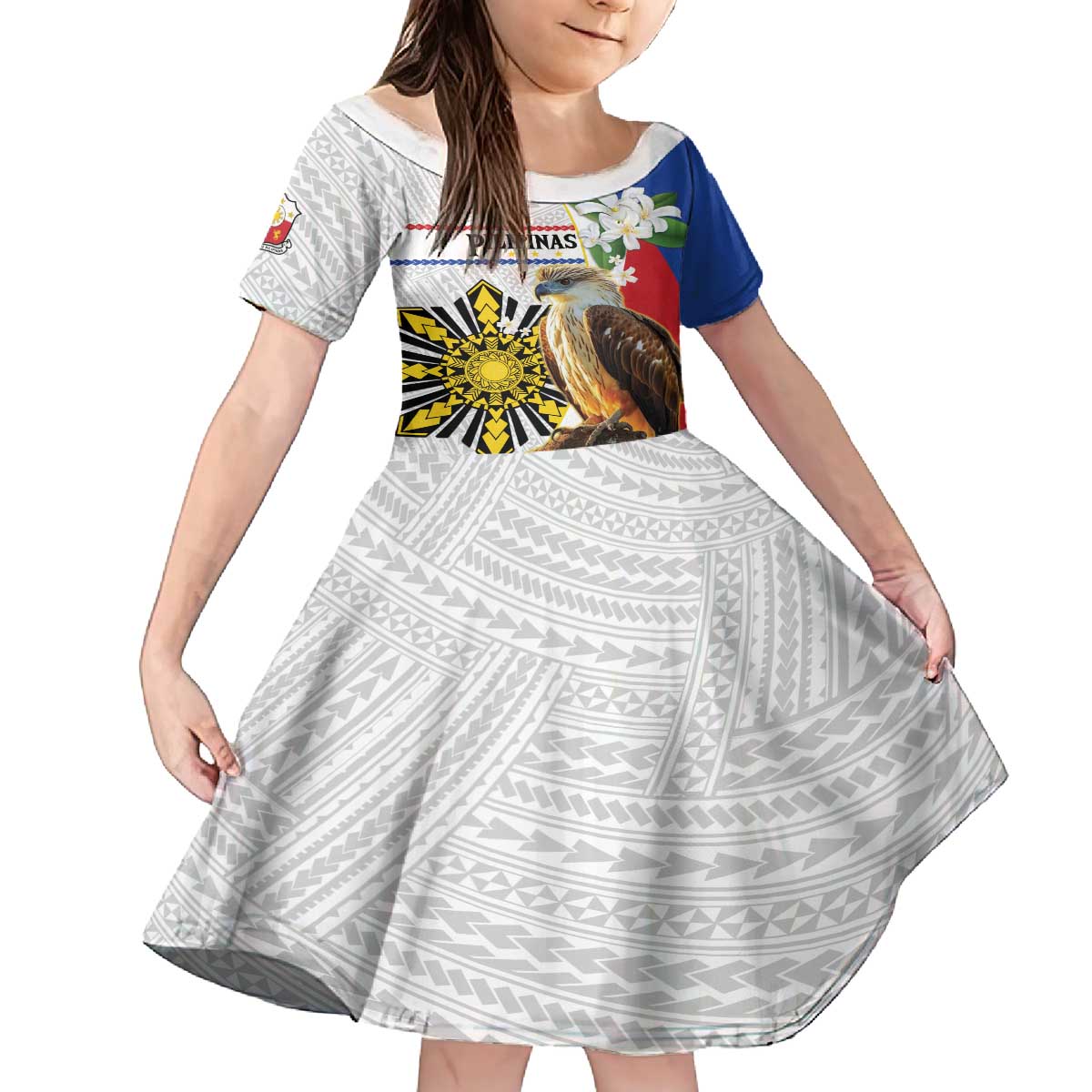 Personalised Philippines Eagle Family Matching Off The Shoulder Long Sleeve Dress and Hawaiian Shirt Filipino Sun Mix Sampaguita Flower LT14 Daughter's Dress White - Polynesian Pride