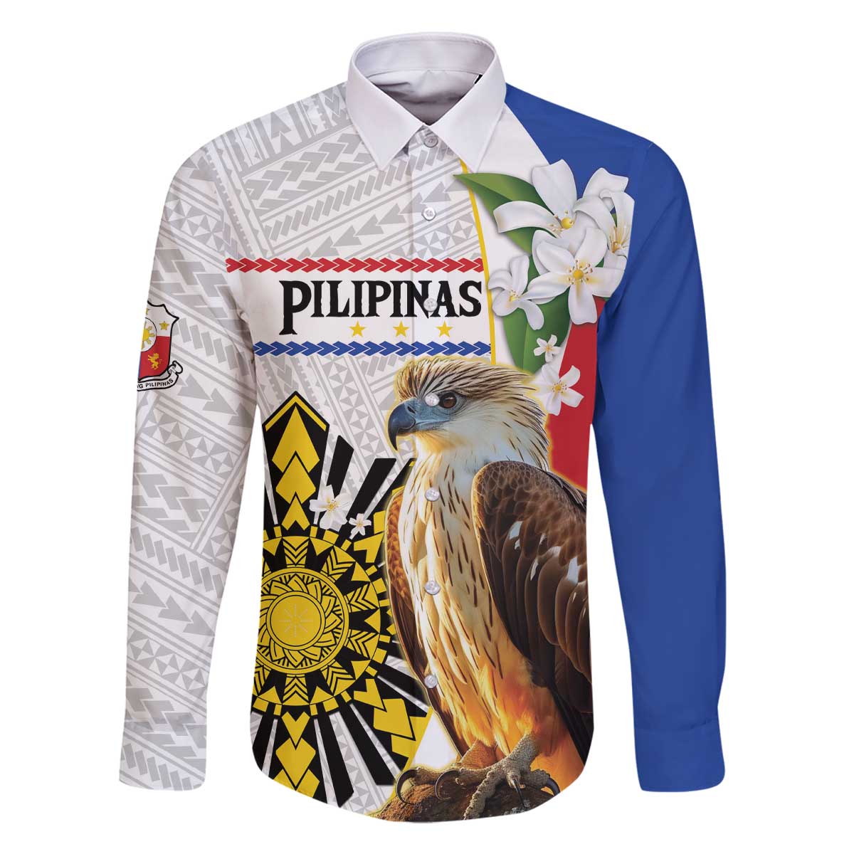 Personalised Philippines Eagle Family Matching Off The Shoulder Long Sleeve Dress and Hawaiian Shirt Filipino Sun Mix Sampaguita Flower LT14 Dad's Shirt - Long Sleeve White - Polynesian Pride