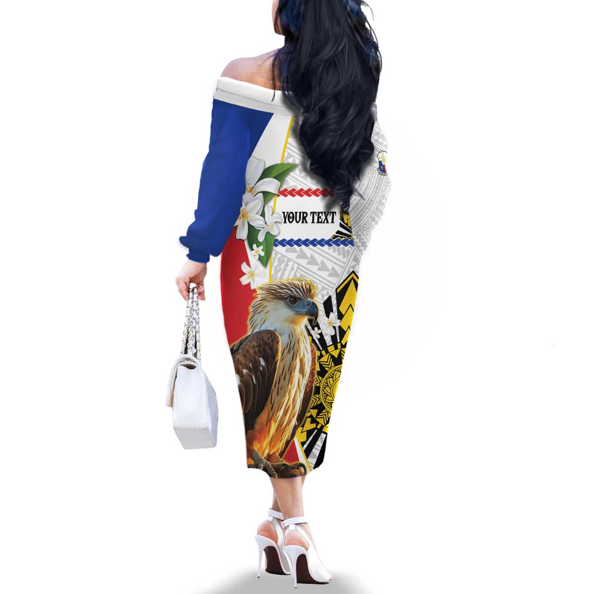 Personalised Philippines Eagle Family Matching Off The Shoulder Long Sleeve Dress and Hawaiian Shirt Filipino Sun Mix Sampaguita Flower LT14 - Polynesian Pride