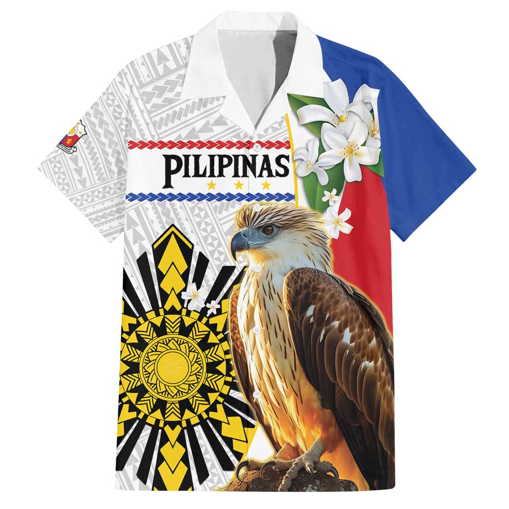 Personalised Philippines Eagle Family Matching Summer Maxi Dress and Hawaiian Shirt Filipino Sun Mix Sampaguita Flower LT14 Dad's Shirt - Short Sleeve White - Polynesian Pride
