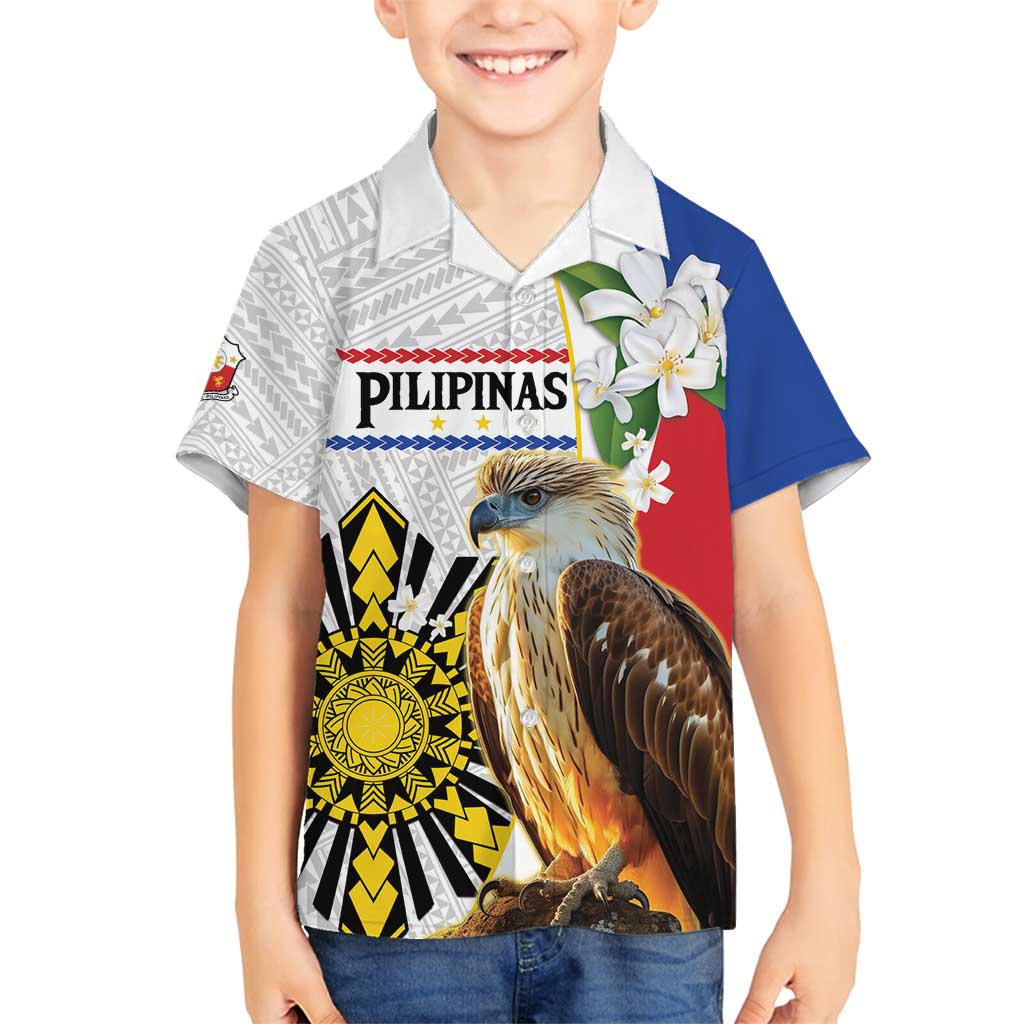 Personalised Philippines Eagle Family Matching Summer Maxi Dress and Hawaiian Shirt Filipino Sun Mix Sampaguita Flower LT14 Son's Shirt White - Polynesian Pride