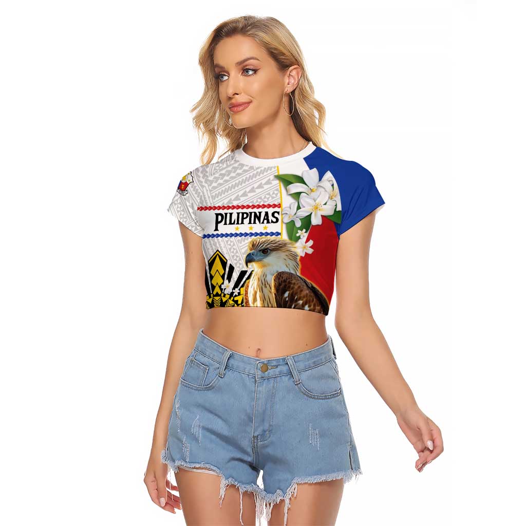 Personalised Philippines Eagle Raglan Cropped T Shirt Filipino Sun Mix Sampaguita Flower