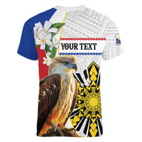 Personalised Philippines Eagle Women V-Neck T-Shirt Filipino Sun Mix Sampaguita Flower