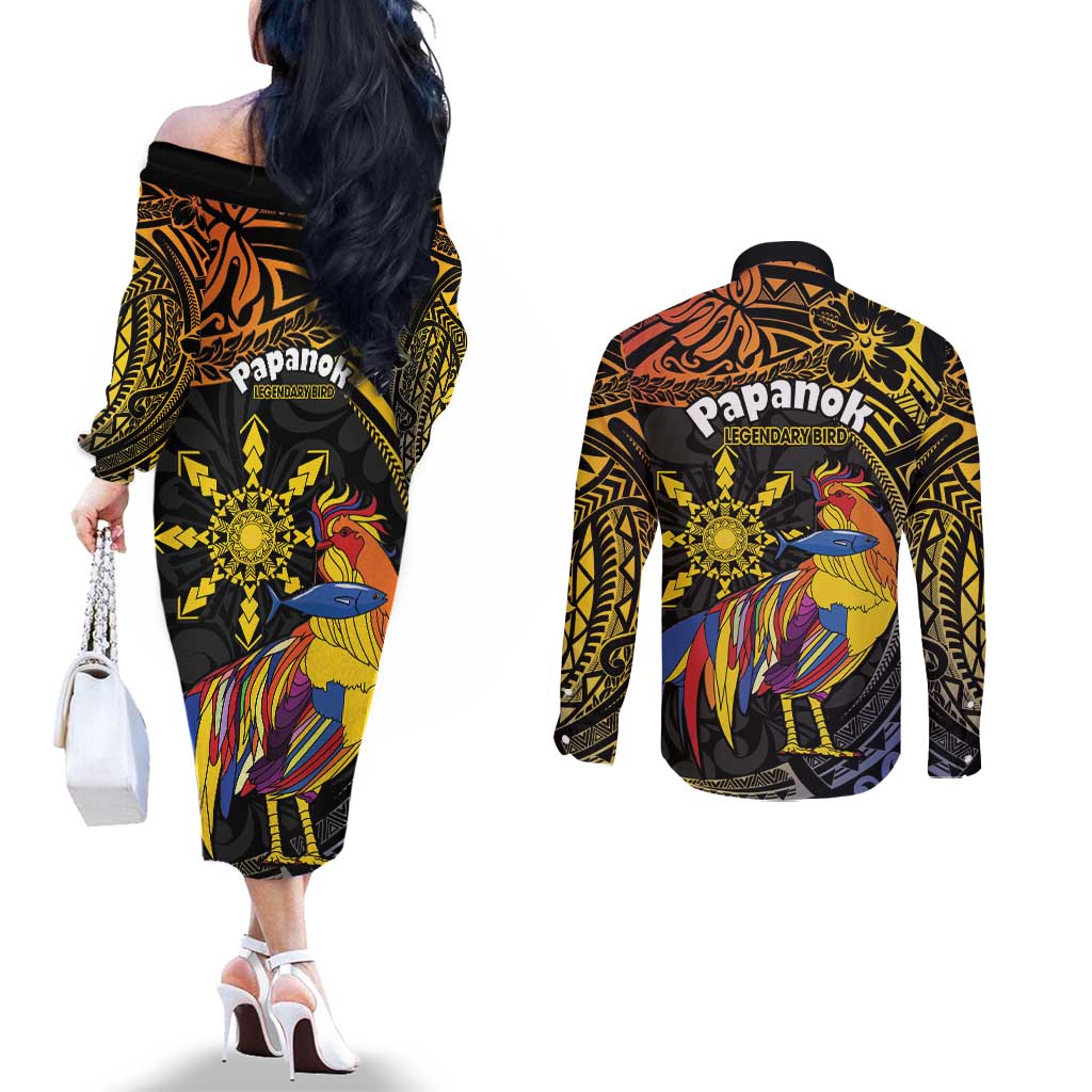 Philippines Sarimanok Couples Matching Off The Shoulder Long Sleeve Dress and Long Sleeve Button Shirt Papanok Legendary Bird Okir Polynesian Pattern