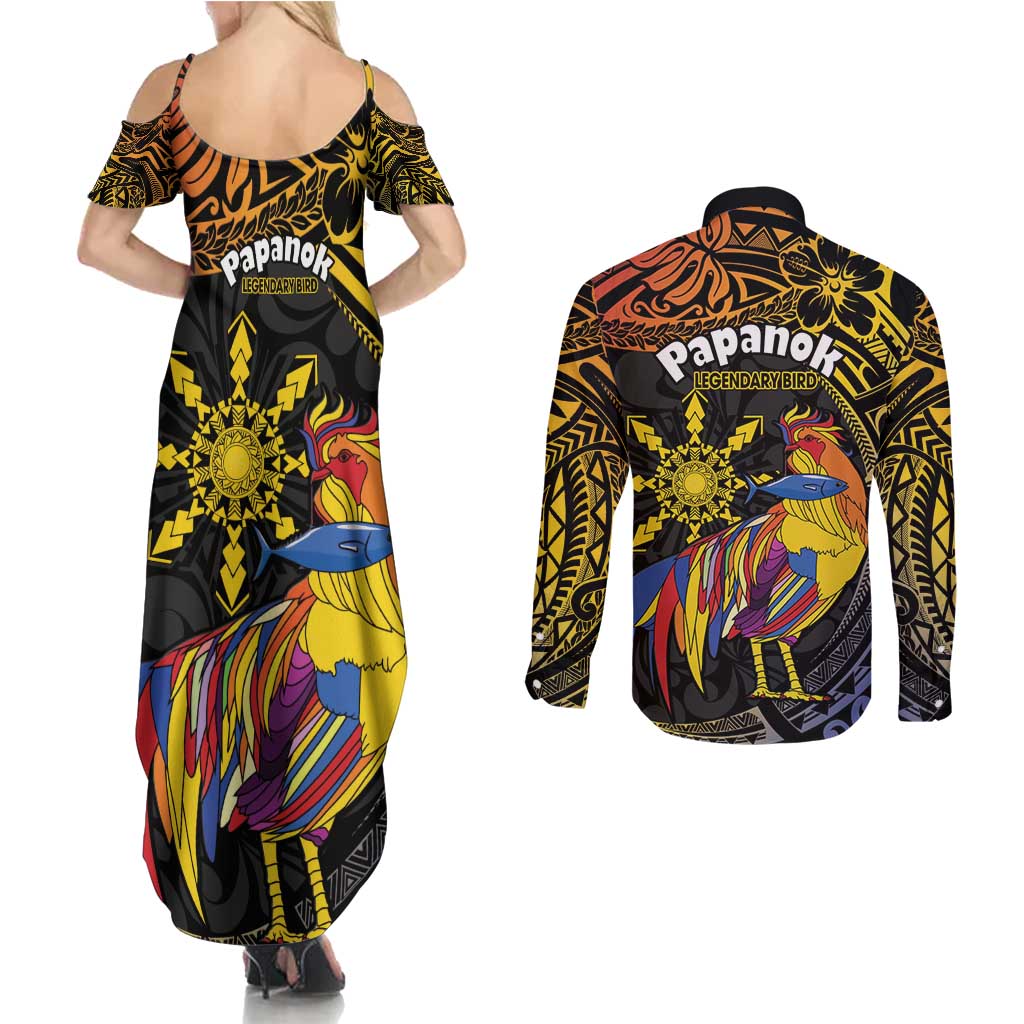 Philippines Sarimanok Couples Matching Summer Maxi Dress and Long Sleeve Button Shirt Papanok Legendary Bird Okir Polynesian Pattern