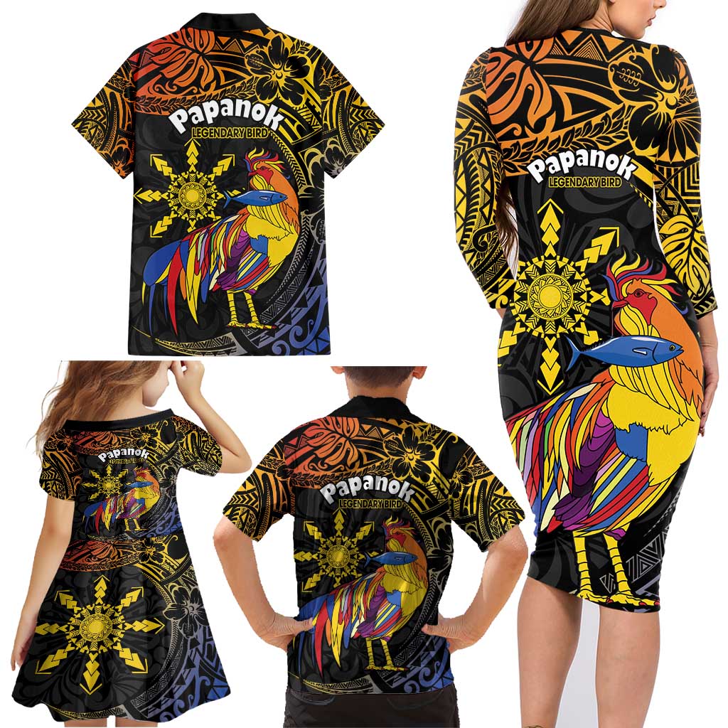 Philippines Sarimanok Family Matching Long Sleeve Bodycon Dress and Hawaiian Shirt Papanok Legendary Bird Okir Polynesian Pattern LT14 - Polynesian Pride