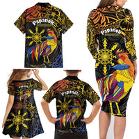 Philippines Sarimanok Family Matching Long Sleeve Bodycon Dress and Hawaiian Shirt Papanok Legendary Bird Okir Polynesian Pattern LT14 - Polynesian Pride