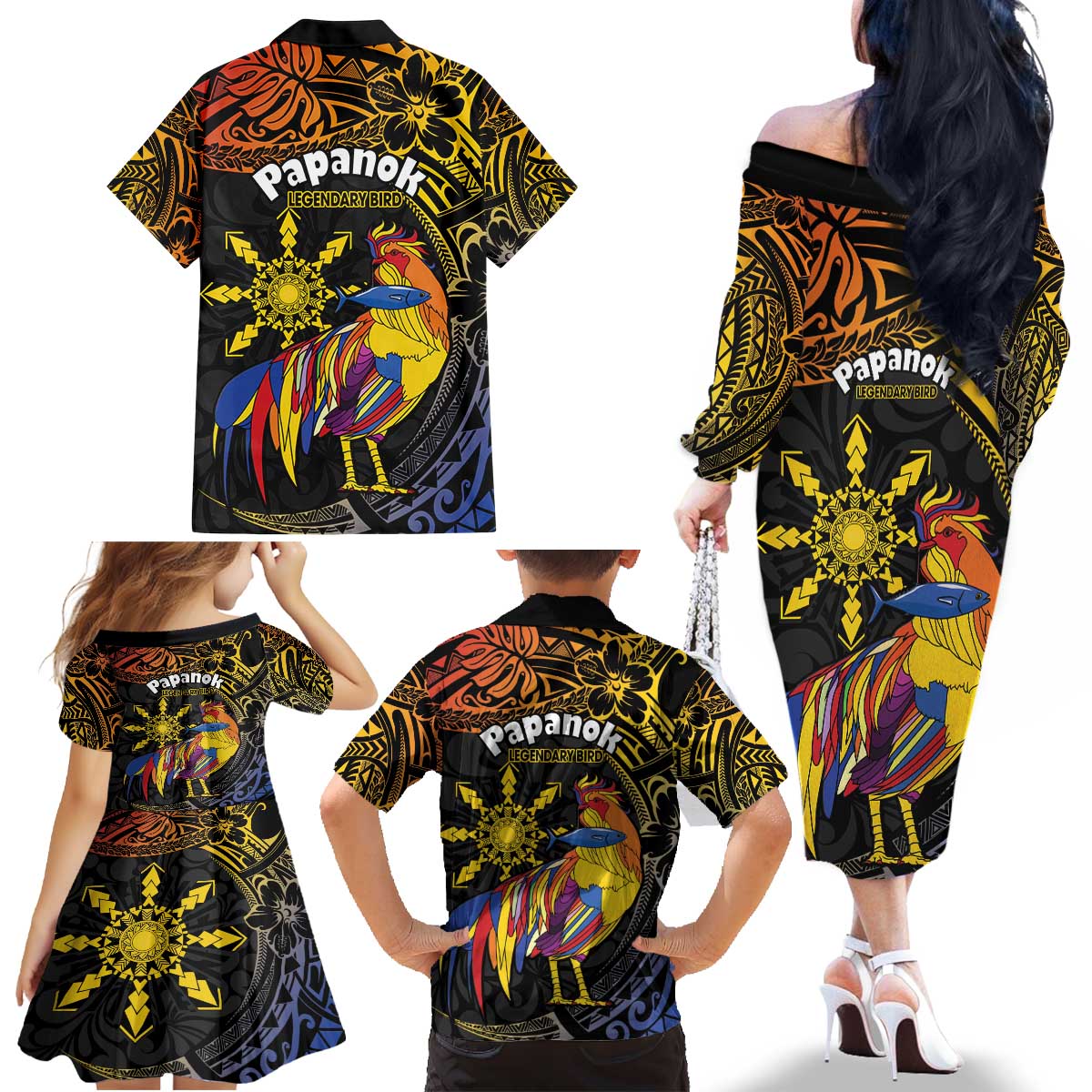 Philippines Sarimanok Family Matching Off The Shoulder Long Sleeve Dress and Hawaiian Shirt Papanok Legendary Bird Okir Polynesian Pattern LT14 - Polynesian Pride