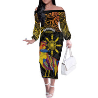 Philippines Sarimanok Family Matching Off The Shoulder Long Sleeve Dress and Hawaiian Shirt Papanok Legendary Bird Okir Polynesian Pattern LT14 Mom's Dress Black - Polynesian Pride