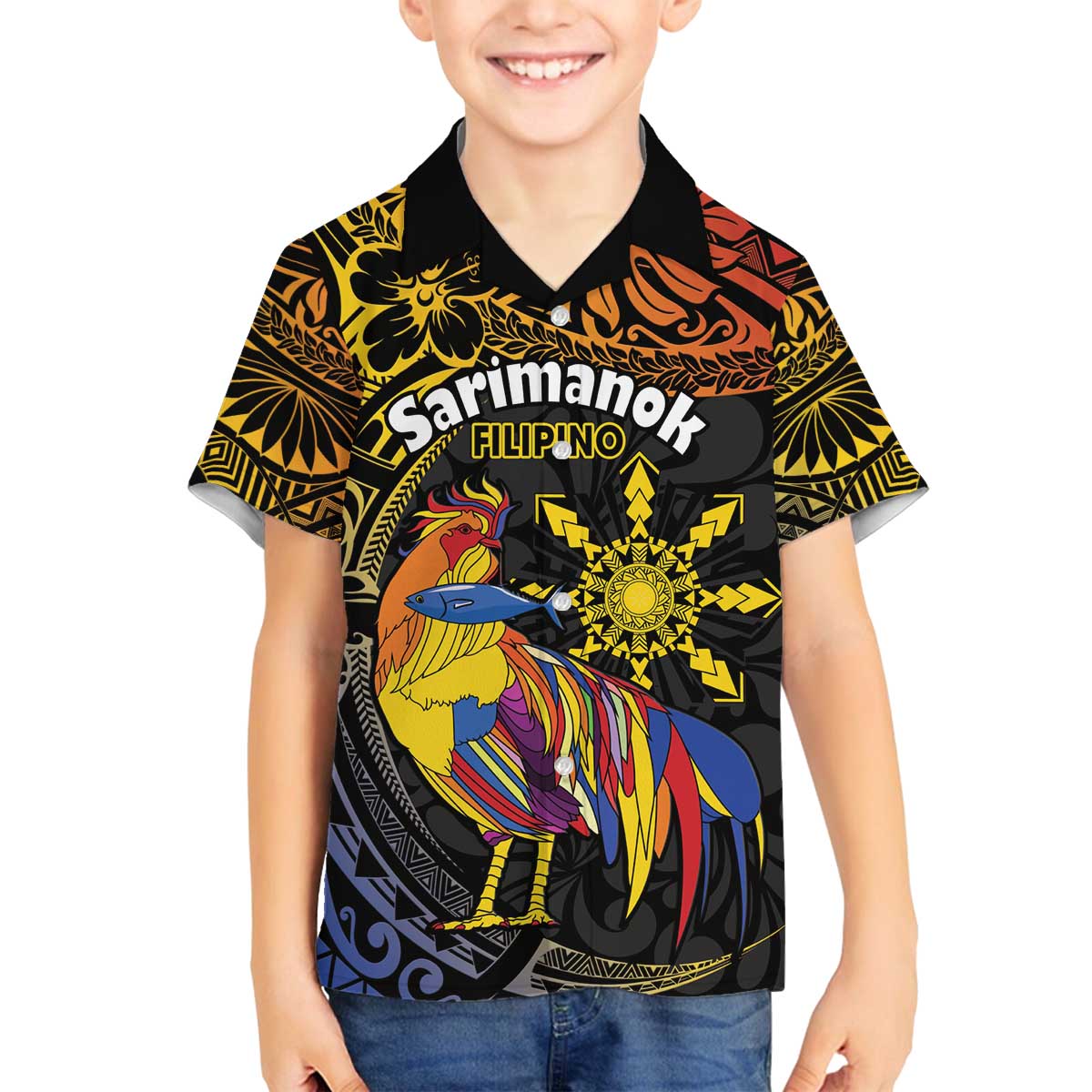 Philippines Sarimanok Family Matching Off The Shoulder Long Sleeve Dress and Hawaiian Shirt Papanok Legendary Bird Okir Polynesian Pattern LT14 Son's Shirt Black - Polynesian Pride