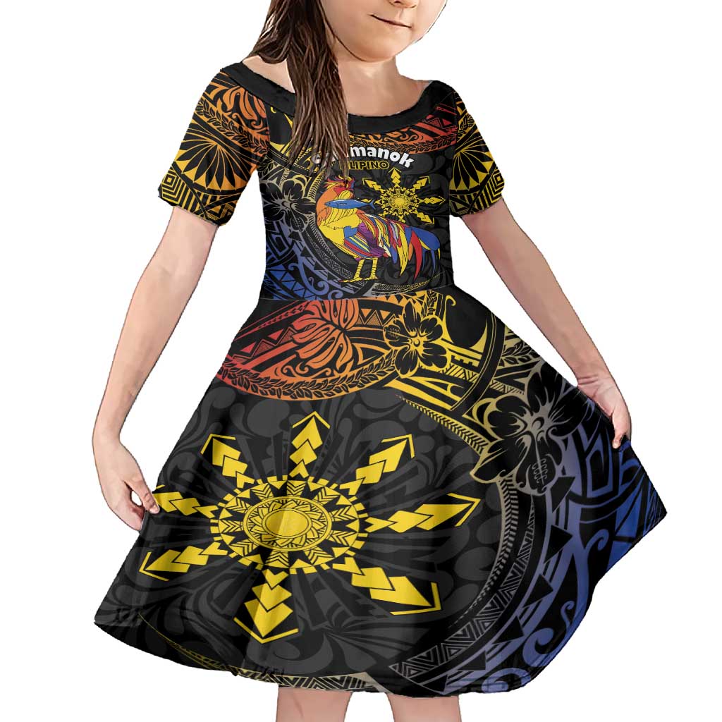 Philippines Sarimanok Family Matching Short Sleeve Bodycon Dress and Hawaiian Shirt Papanok Legendary Bird Okir Polynesian Pattern LT14 Daughter's Dress Black - Polynesian Pride