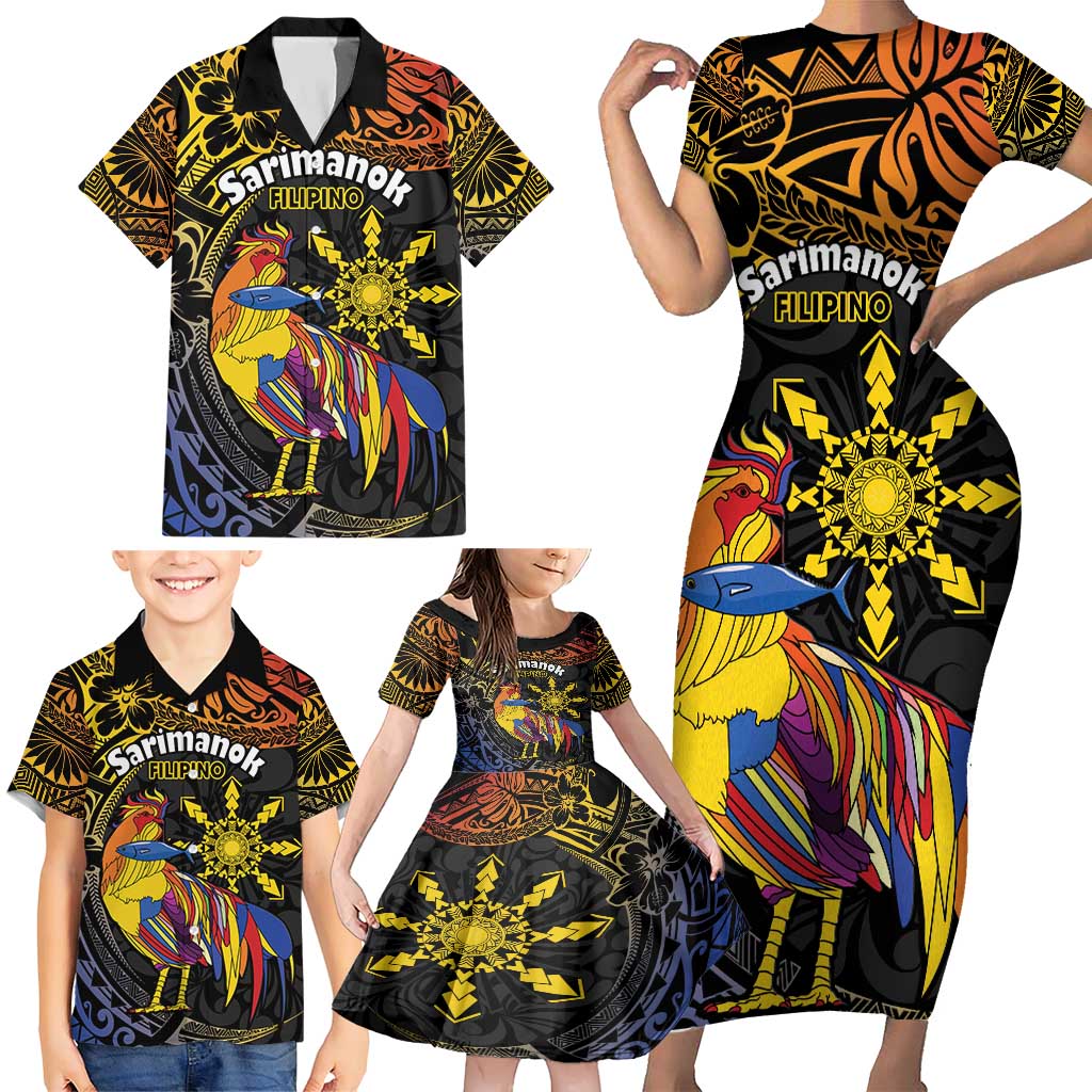 Philippines Sarimanok Family Matching Short Sleeve Bodycon Dress and Hawaiian Shirt Papanok Legendary Bird Okir Polynesian Pattern LT14 - Polynesian Pride