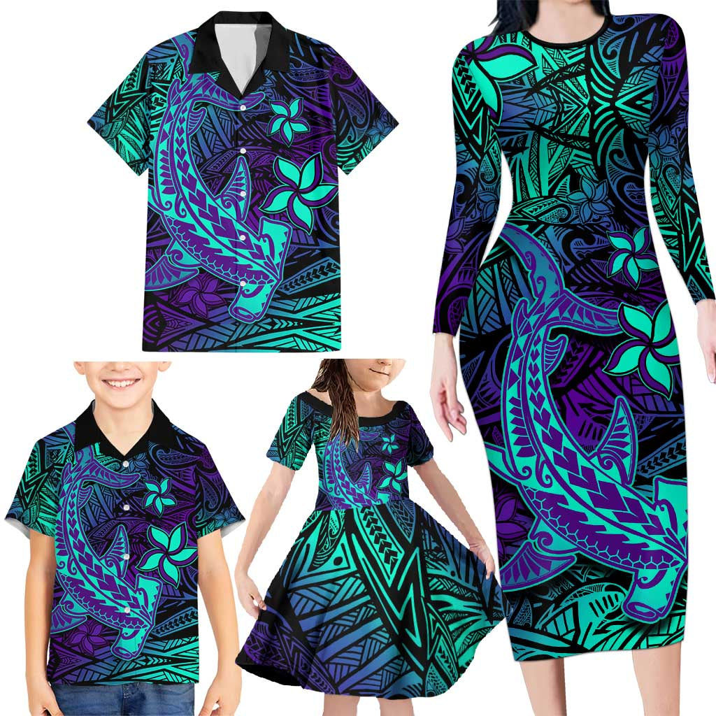 Purple Polynesian Family Matching Long Sleeve Bodycon Dress and Hawaiian Shirt Tribal Hammerhead Shark LT14 - Polynesian Pride