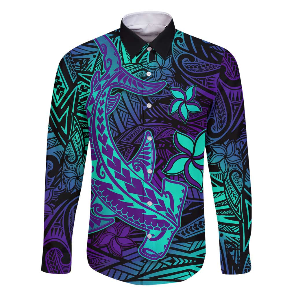 Purple Polynesian Family Matching Long Sleeve Bodycon Dress and Hawaiian Shirt Tribal Hammerhead Shark LT14 Dad's Shirt - Long Sleeve Purple - Polynesian Pride