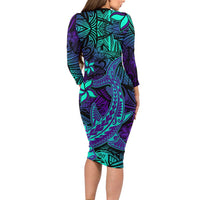 Purple Polynesian Family Matching Long Sleeve Bodycon Dress and Hawaiian Shirt Tribal Hammerhead Shark LT14 - Polynesian Pride