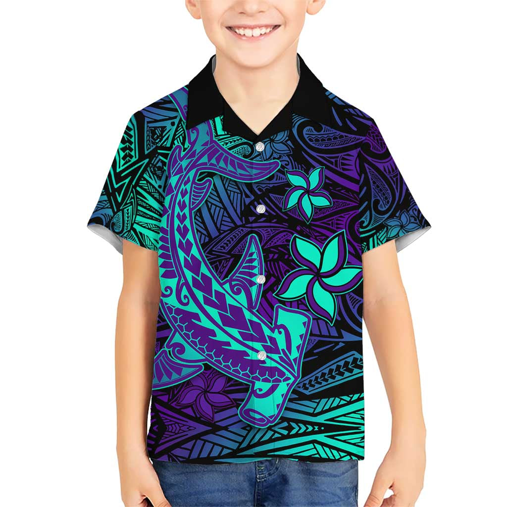 Purple Polynesian Family Matching Outfits - Off Shoulder Maxi Dress and Hawaiian Shirt Tribal Hammerhead Shark LT14 Son's Shirt - Polynesian Pride