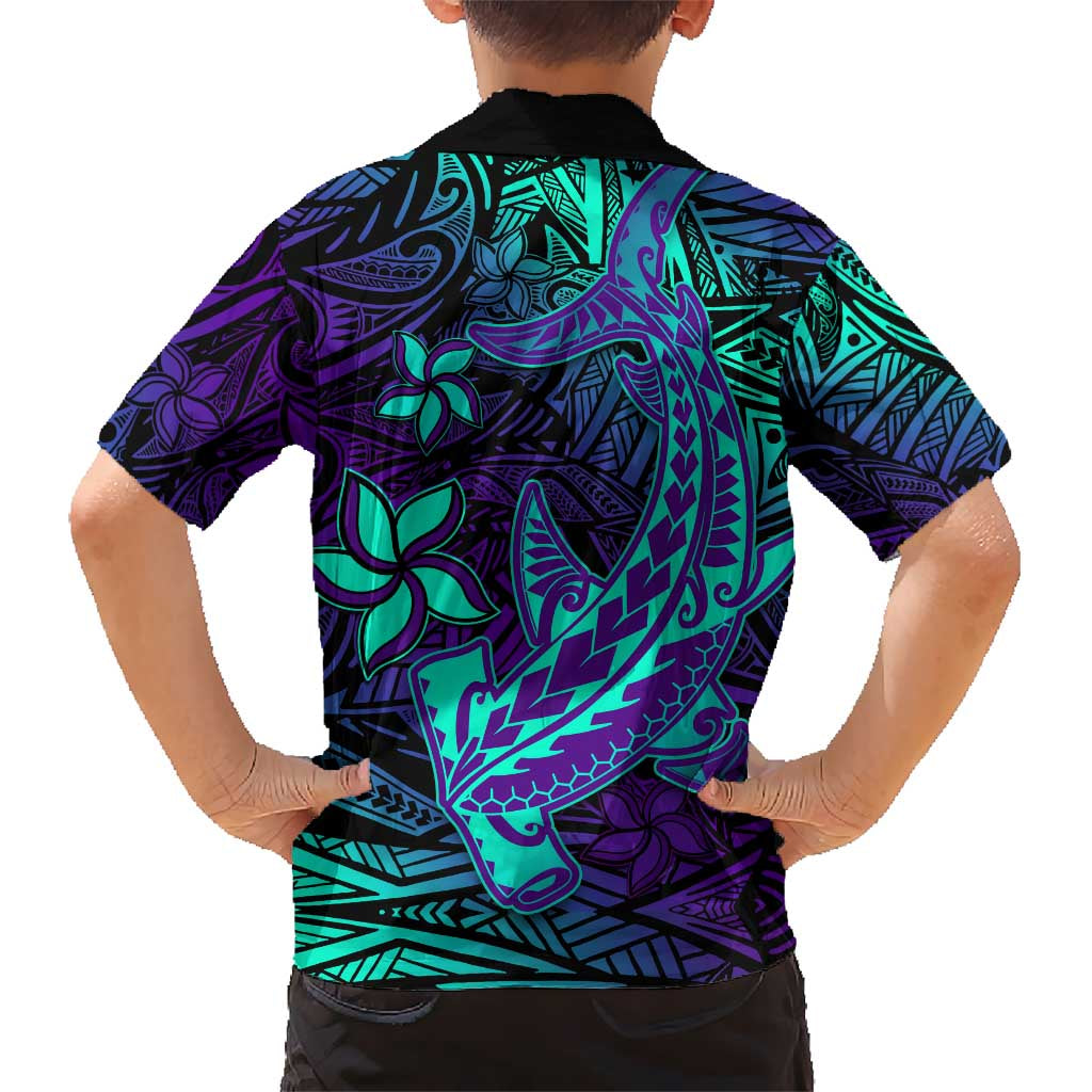 Purple Polynesian Family Matching Outfits - Off Shoulder Maxi Dress and Hawaiian Shirt Tribal Hammerhead Shark LT14 - Polynesian Pride