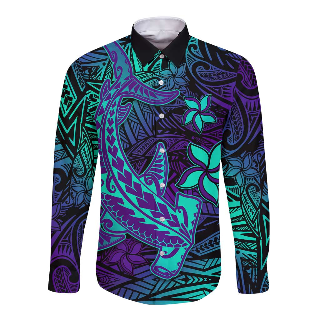 Purple Polynesian Family Matching Outfits - Off Shoulder Maxi Dress and Hawaiian Shirt Tribal Hammerhead Shark LT14 Dad's Shirt - Long Sleeve - Polynesian Pride
