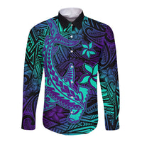 Purple Polynesian Family Matching Outfits - Off Shoulder Maxi Dress and Hawaiian Shirt Tribal Hammerhead Shark LT14 Dad's Shirt - Long Sleeve - Polynesian Pride