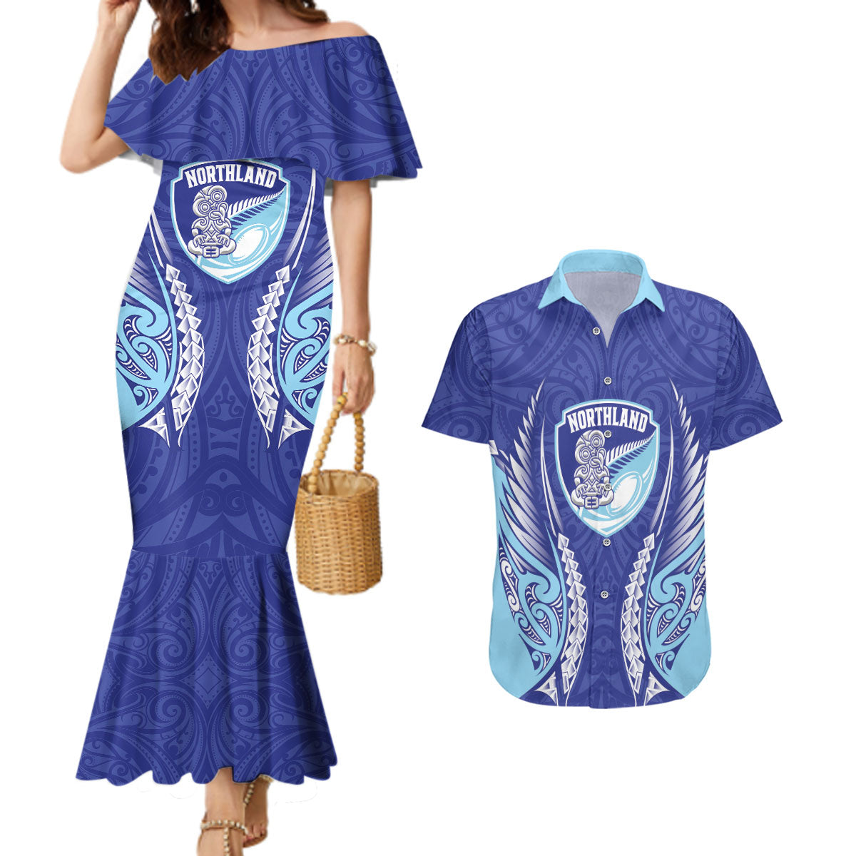 Northland 2026 Rugby Custom Couples Matching Mermaid Dress and Hawaiian Shirt NZ Maori Silver Fern LT14 Blue - Polynesian Pride